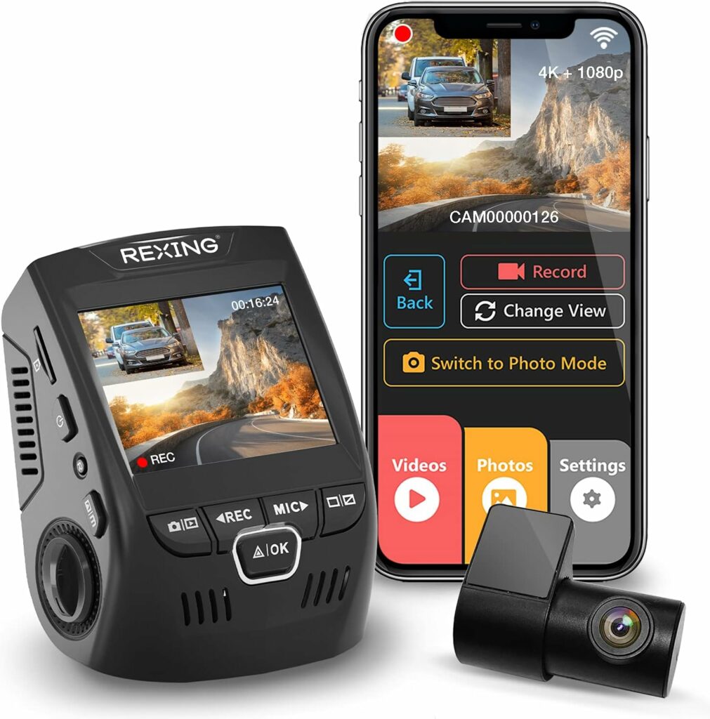 Rexing V1P 4K Car Dash Cam 2.4" LCD 2160p Front + 1080p Rear Wi-Fi 170° Wide Angle Dual Channel